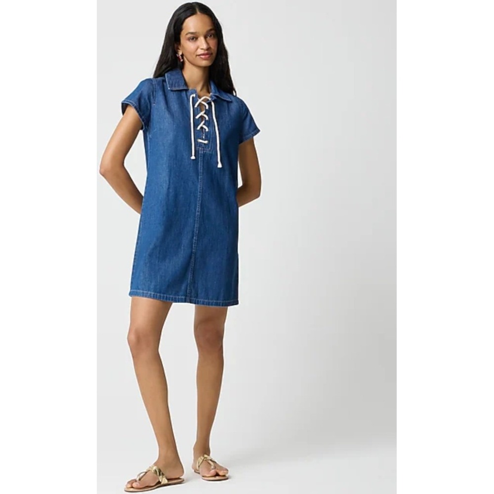 J. Crew Denim Chambray Lace Up Shirt Dress Blue Size 2 Short Sleeve NWOT  $98‎